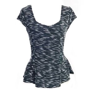 Anthropologie x Postmark Marled Cap-Sleeve Peplum Top, Charcoal Black White, S